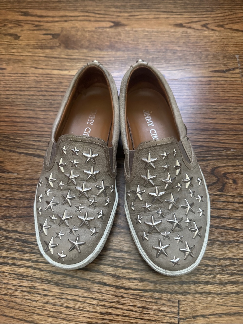 Jimmy Choo Taupe Star-Studded Slip-On Loafers